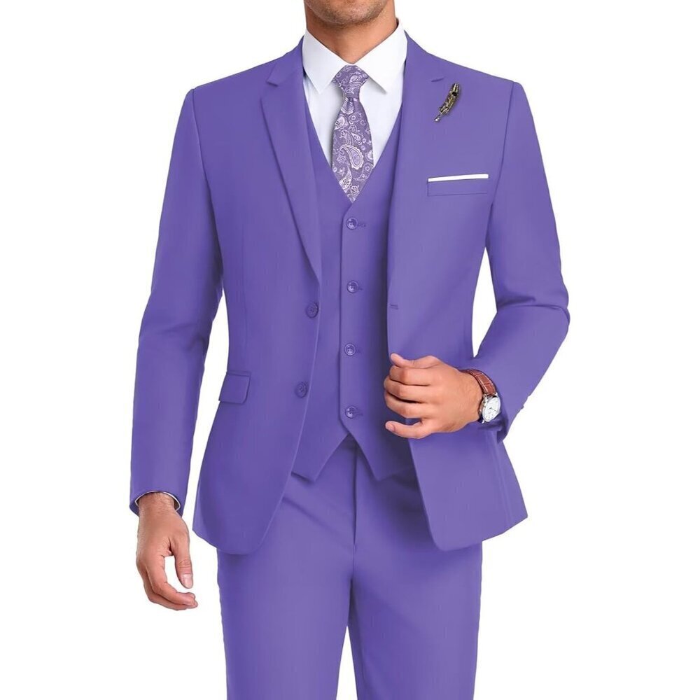Men's Notched Lapel Violet Groomsmen Slim Fit 3 Pieces Suit for Wedding